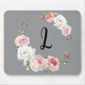 Chic Pink White Roses Initial Script Gray Mousepad (Vorne)