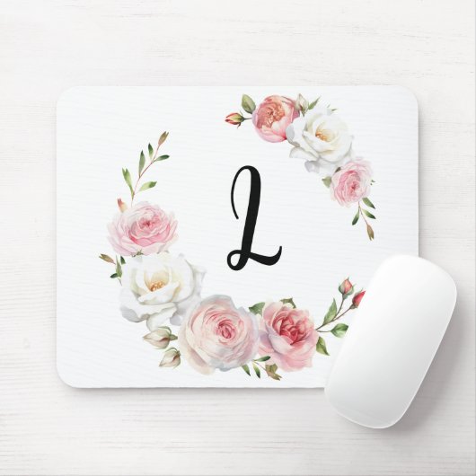 Chic Pink & White Roses Initialskript Mousepad (Mit Mouse)