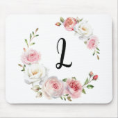 Chic Pink & White Roses Initialskript Mousepad (Vorne)