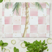 Chic Pink White Squares Gold Palm Tree Geschirrtuch (Gefaltet)