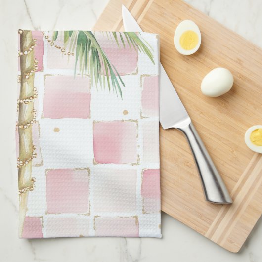 Chic Pink White Squares Gold Palm Tree Geschirrtuch (Viertel Falte)