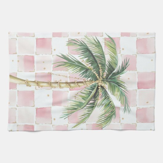 Chic Pink White Squares Gold Palm Tree Geschirrtuch (Horizontal)