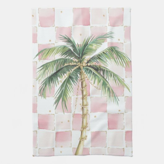 Chic Pink White Squares Gold Palm Tree Geschirrtuch (Vertikal)