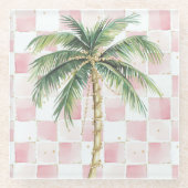 Chic Pink White Squares Gold Palm Tree Glasuntersetzer (Vorderseite)
