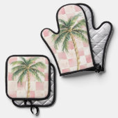 Chic Pink White Squares Gold Palm Tree Ofenhandschuh & Topflappen-Set (Vorderseite/Rückseite)
