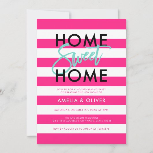 Chic Pink & White Stripes Black Housewarming Party Einladung (Vorderseite)