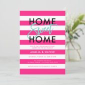Chic Pink & White Stripes Black Housewarming Party Einladung (Stehend Vorderseite)