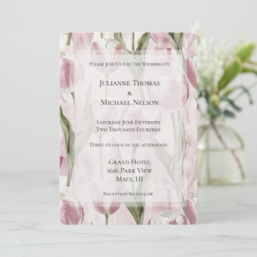 Chic Pink White Tulip Blume Hochzeit Einladung (Stehend Vorderseite)
