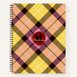 Chic Pink Yellow Tartan Briefmarke Monogram Script Notizblock