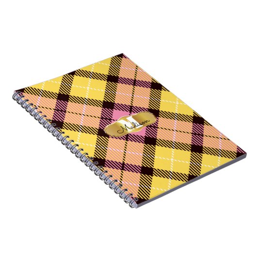 Chic Pink Yellow Tartan Gold Monogram Script Name Notizblock (Rechte Seite)