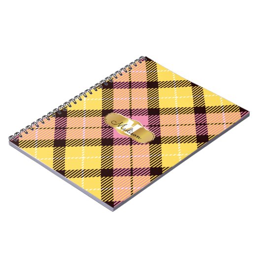Chic Pink Yellow Tartan Gold Monogram Script Name Notizblock (Linke Seite)