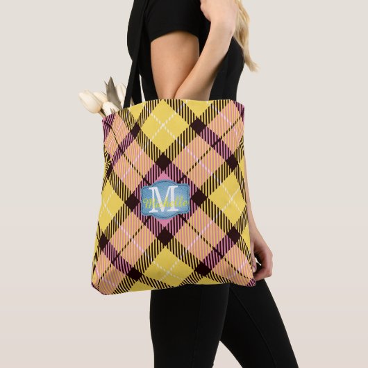 Chic Pink Yellow Tartan Jeans Monogram Script Name Tasche (Von Nahem)