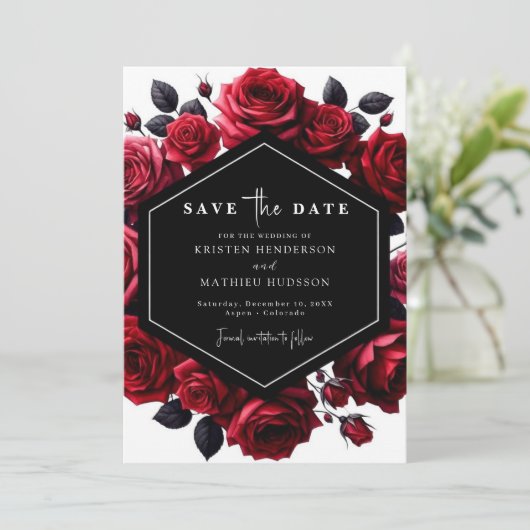 Chic Playful Crimson Red Wedding Save The Date (Stehend Vorderseite)