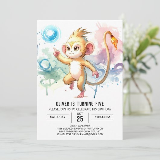 Chic Playful Monkey Geburtstag Einladung (Stehend Vorderseite)