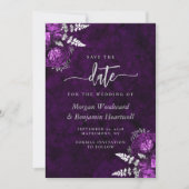 Chic Plum Silver Floral Wedding Save the Date Einladung (Vorderseite)