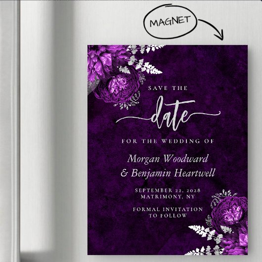 Chic Plum Silver Floral Wedding Save the Date Magneteinladung