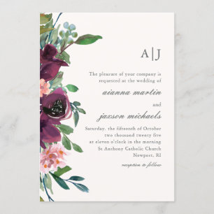 Chic Plum Watercolor Floral auf Peach Blush Weddin Einladung