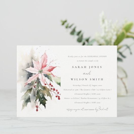 Chic Poinsettia Berries Probe Abendessen Einladung (Stehend Vorderseite)