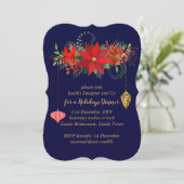 Chic Poinsettia Christmas Blue Red Gold Moderne Einladung (Stehend Vorderseite)