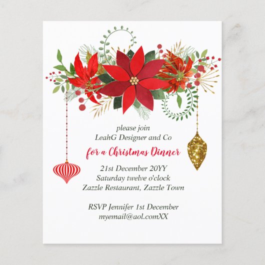 Chic Poinsettia Christmas Red Gold Party Flyer (Vorne)