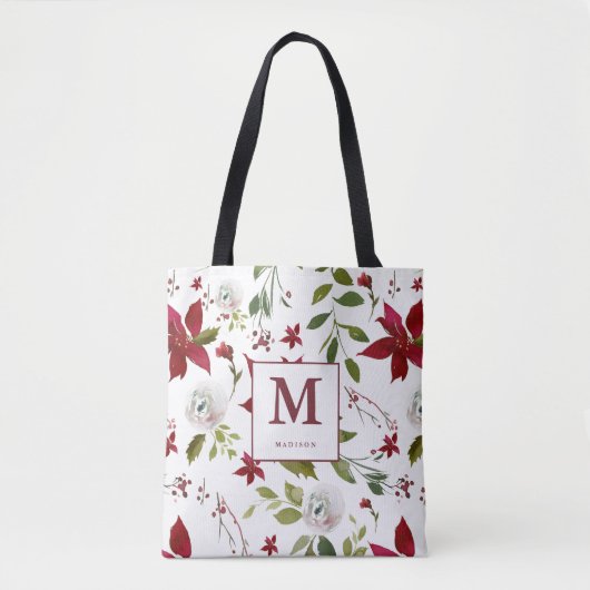 Chic Poinsettia Floral Monogramm mit Vorname Tasche (Vorderseite)