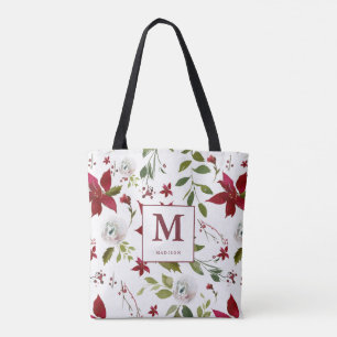 Chic Poinsettia Floral Monogramm mit Vorname Tasche
