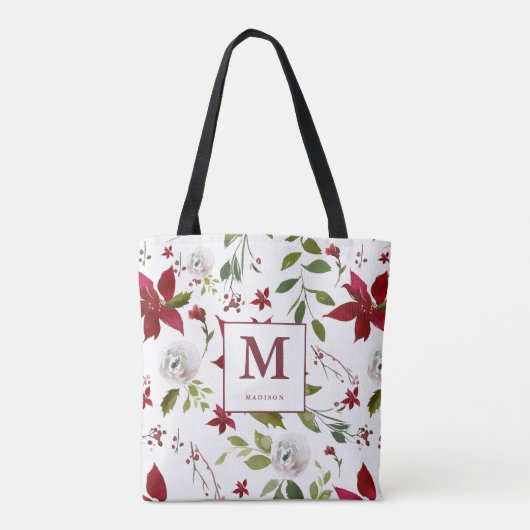 Chic Poinsettia Floral Monogramm mit Vorname Tasche (Rückseite)