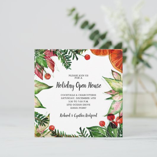 Chic Poinsettia und Orangen Weihnachten Einladung (Stehend Vorderseite)