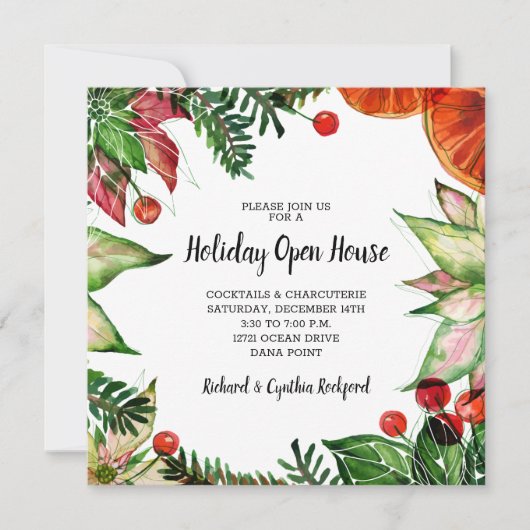 Chic Poinsettia und Orangen Weihnachten Einladung (Vorderseite)