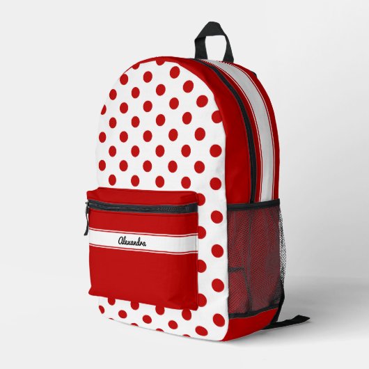 Chic Polka Dot Red White Background Bedruckter Rucksack (Rückseitige Ecke Rechts)