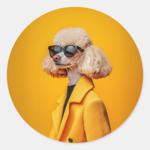 Chic Poodle in Sonnenbrille und Gelbmatte Runder Aufkleber