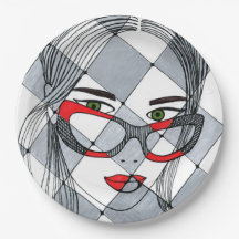 Chic Pop Art Frau mit roter Brille Schachbrettmust