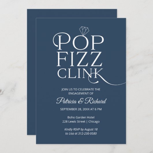 Chic Pop Fizz Clink Engagement Party Einladung (Vorne/Hinten)