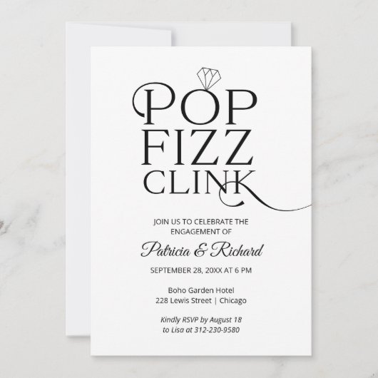 Chic Pop Fizz Clink Engagement Party Einladung (Vorderseite)