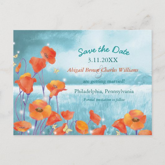 Chic Poppy Wedding Save the Date Ankündigungspostkarte (Vorderseite)