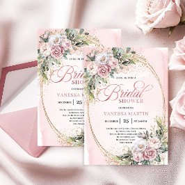 Chic Powder Pink Floral Eucalyptus Bridal Shower Einladung