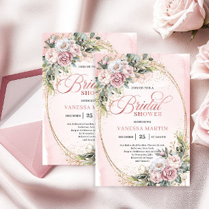 Chic Powder Pink Florales Eukalyptus-Brautjungfern Einladung