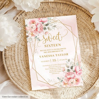 Chic Powder Pink Gold Peonies Sweet 16 Einladung