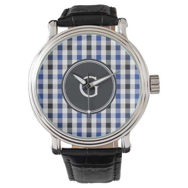 chic Preppy Blue Gingham Muster Monogramm Armbanduhr (Vorderseite)