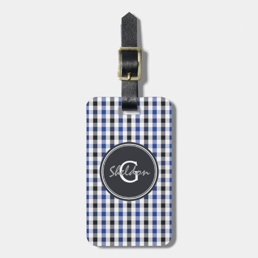 chic Preppy Blue Gingham Muster Monogramm Gepäckanhänger (Vorderseite vertikal)
