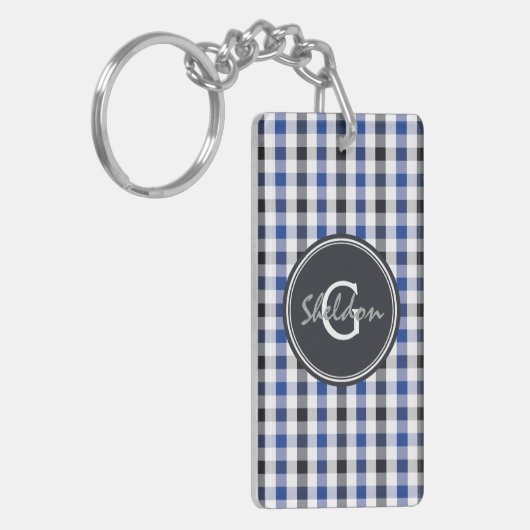 chic Preppy Blue Gingham Muster Monogramm Schlüsselanhänger (Vorderseite links)