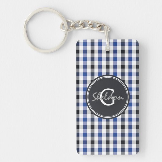 chic Preppy Blue Gingham Muster Monogramm Schlüsselanhänger (Vorderseite)
