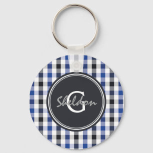 chic Preppy Blue Gingham Muster Monogramm Schlüsselanhänger
