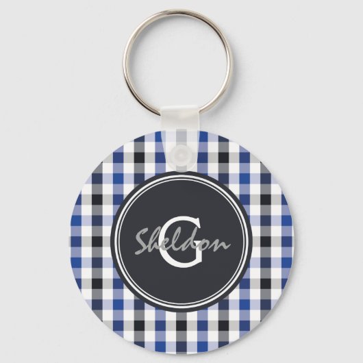 chic Preppy Blue Gingham Muster Monogramm Schlüsselanhänger (Vorderseite)