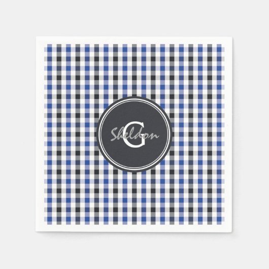 chic Preppy Blue Gingham Muster Monogramm Serviette (Vorderseite)