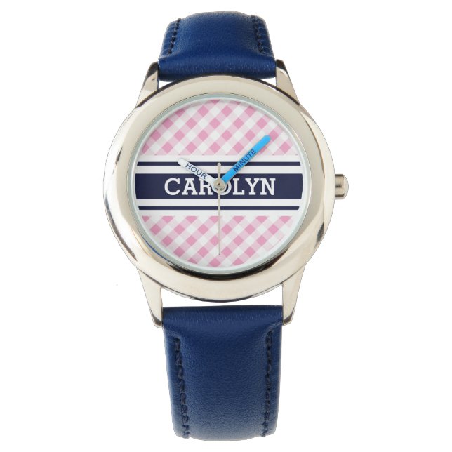 Chic Preppy Pink Marine Gingham Muster Monogramm Armbanduhr (Vorderseite)