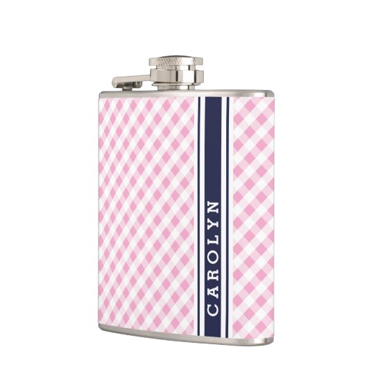 Chic Preppy Pink Marine Gingham Muster Monogramm Flachmann (Links)