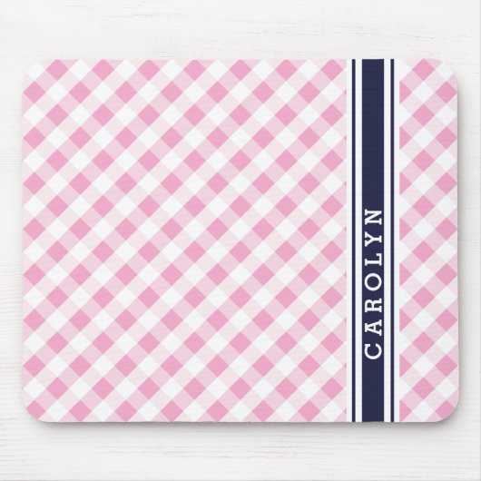 Chic Preppy Pink Marine Gingham Muster Monogramm Mousepad (Vorne)