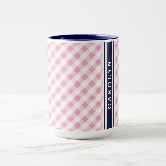 Chic Preppy Pink Marine Gingham Muster Monogramm Tasse (Zentrum)