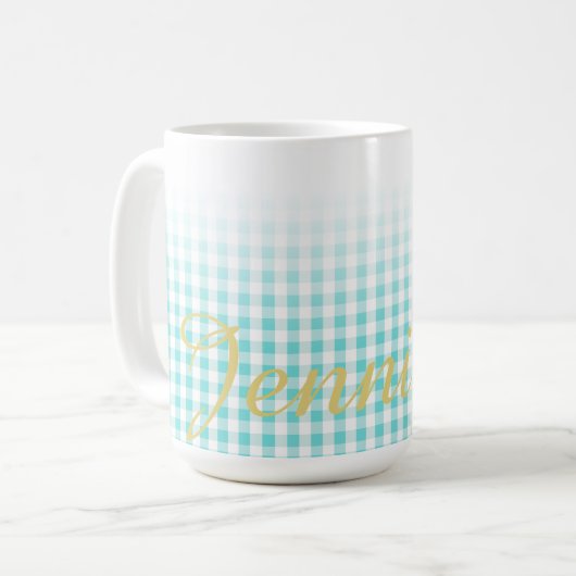 Chic Preppy Turuqoise Gingham Muster Monogramm Tasse (Vorderseite Links)
